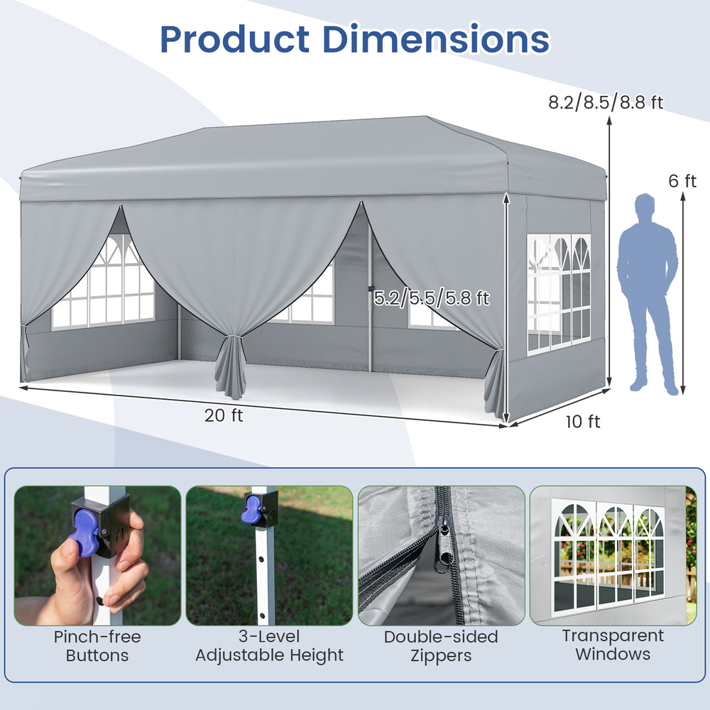 10 x 20 feet gray pop-up canopy tent with 6 sidewalls, featuring adjustable height and transparent windows for.