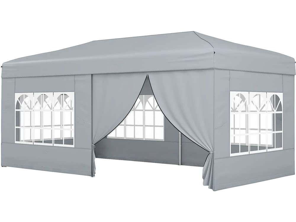 Gray 10 x 20 feet pop-up canopy tent with 6 sidewalls, ideal for outdoor events like BBQs and picnics.