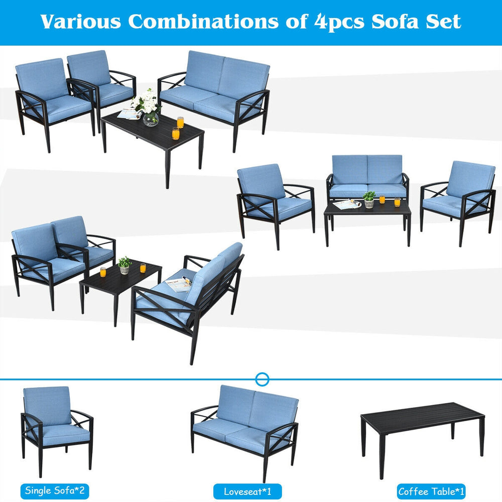 4-piece patio furniture set featuring 2 single sofas, 1 loveseat, and 1 side table, perfect for outdoor relaxation.