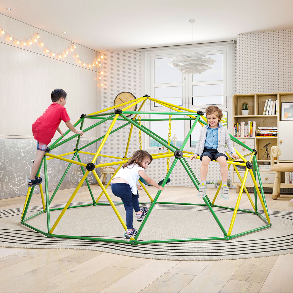 Dome climber with swing in green, featuring durable metal pipes, designed for kids aged 5-10 for indoor or outdoor play.