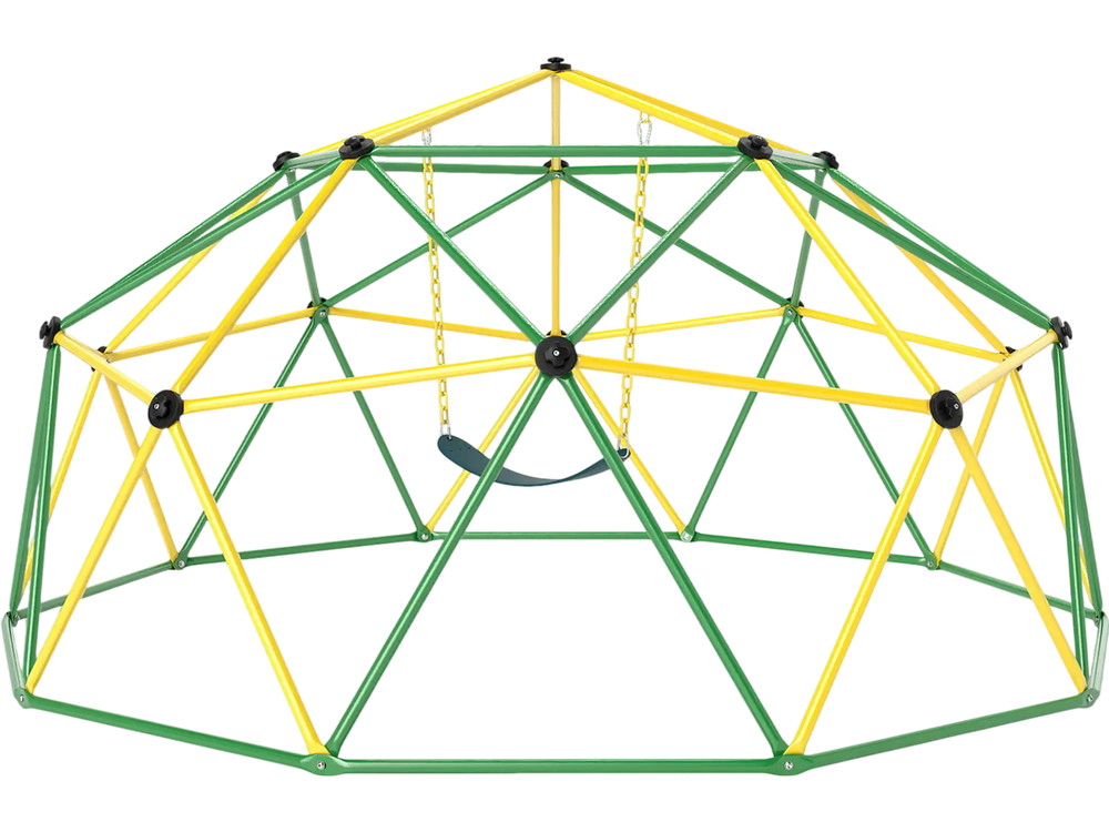 10 feet dome climber with swing in green and yellow, designed for kids' outdoor play, supports 800 lbs capacity.