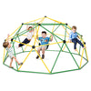 Dome climber with swing in green and yellow, designed for kids aged 5-10, supports 800 lbs for safe outdoor play.