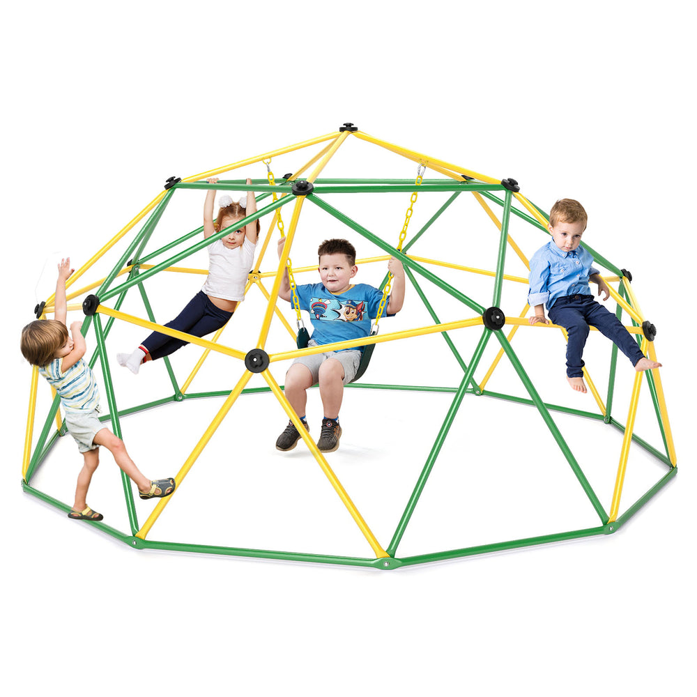 Dome climber with swing in green and yellow, designed for kids aged 5-10, supports 800 lbs for safe outdoor play.