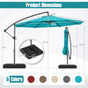 10 feet offset hanging umbrella in turquoise with tilt feature, base included for patio use and sun protection.