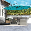 Turquoise 10 feet offset hanging umbrella with base, providing sun protection for outdoor patio relaxation.