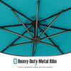 Close-up of the 8 heavy-duty metal ribs of the turquoise offset hanging umbrella, ensuring stability and wind.