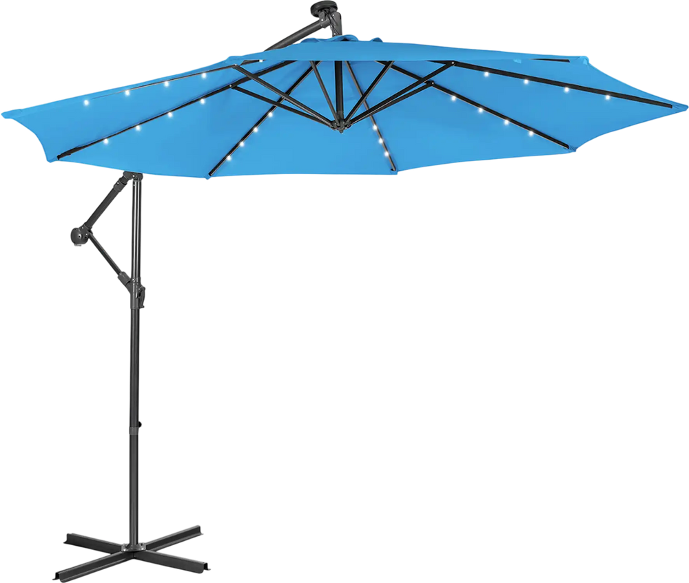 10 feet blue patio solar powered cantilever umbrella with tilting system and LED lights for outdoor relaxation.