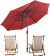 Red 10 ft 3-tier vented patio umbrella with push button tilt, providing shade for two beach chairs by the ocean.