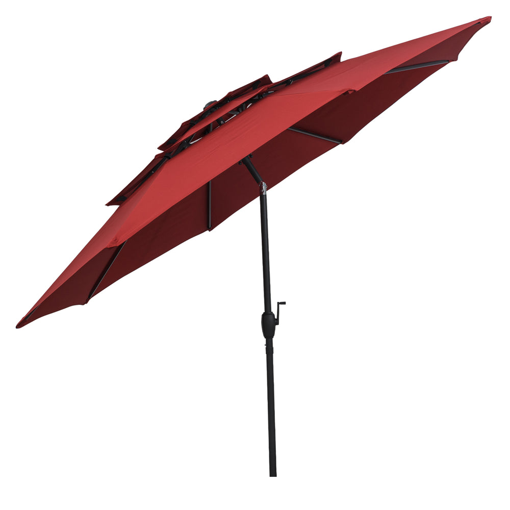 10 ft red 3-tier vented patio umbrella with push button tilt for easy angle adjustment and enhanced stability.