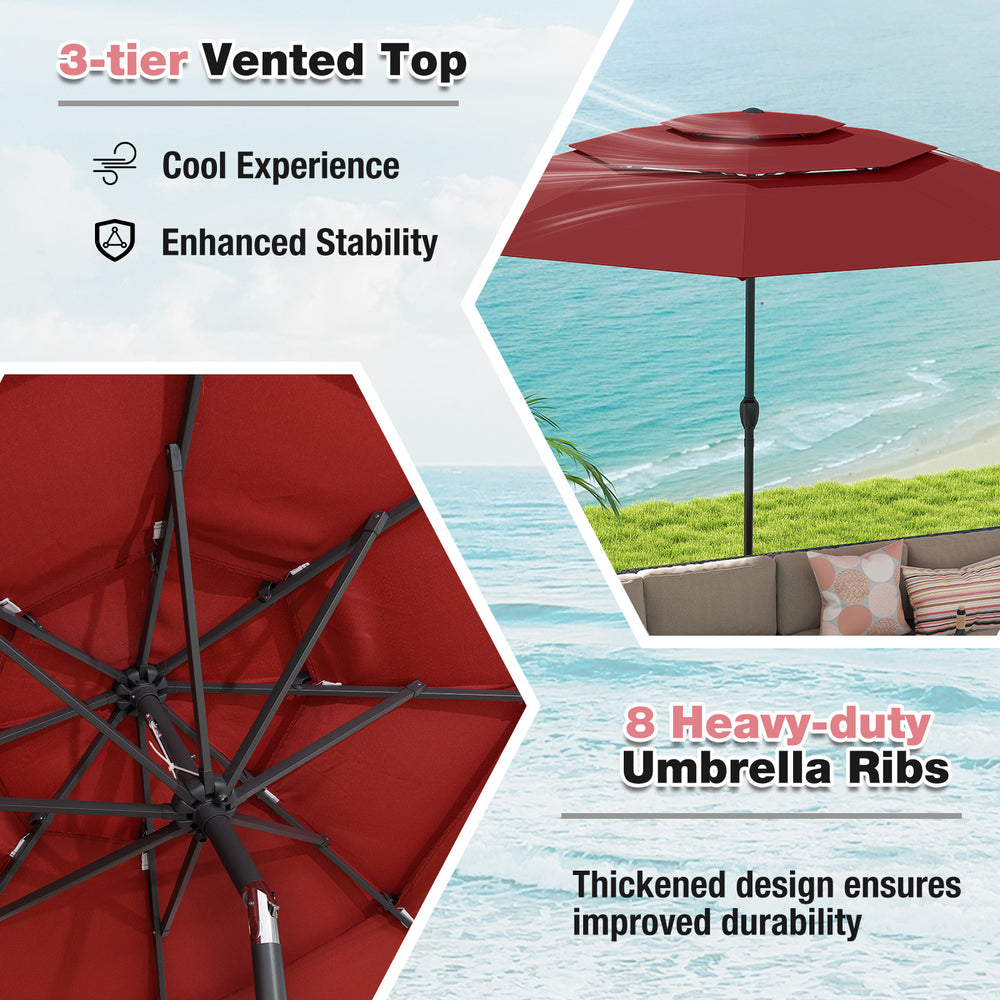 Close-up of the 3-tier vented top of a 10 ft red patio umbrella, featuring 8 heavy-duty ribs for enhanced durability.