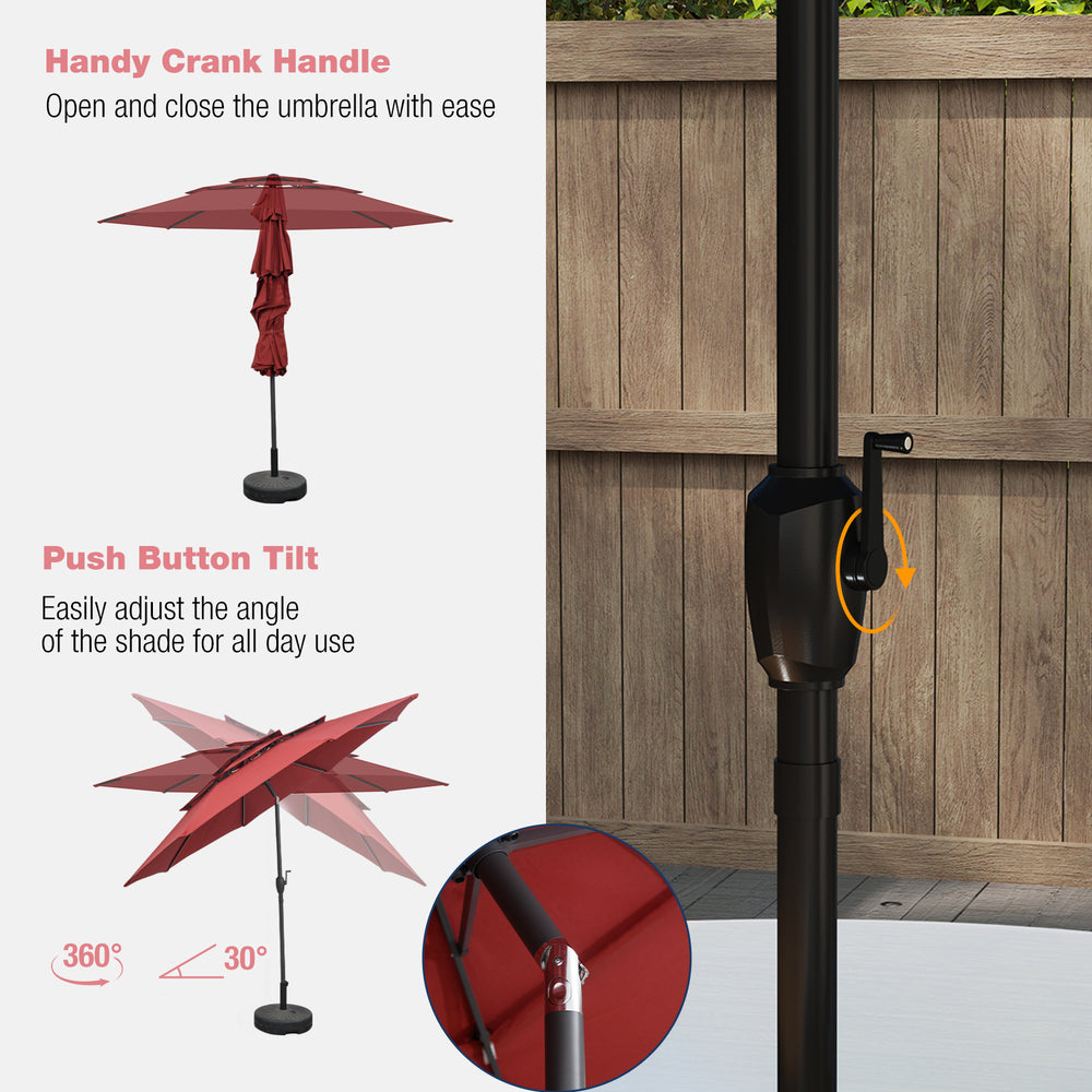 10 ft red patio umbrella with 3-tier vented top, crank handle, and push button tilt for adjustable shade.