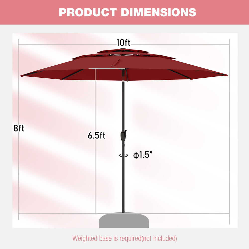 10 ft red patio umbrella with 3-tier vented top, push button tilt, and durable polyester fabric for outdoor use.