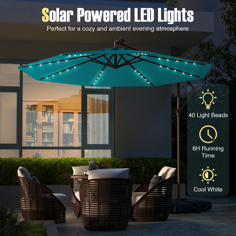 Turquoise 10 Ft patio umbrella with 40 solar powered LED lights, providing cool shade and ambiance for outdoor.