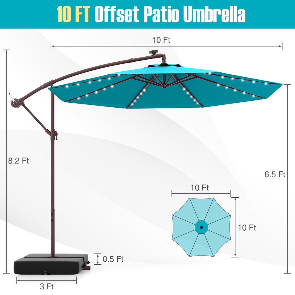 10 ft turquoise offset patio umbrella with solar lights, featuring a tiltable design and sturdy frame for outdoor.