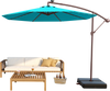Turquoise 10 ft offset cantilever patio umbrella with solar lights, providing shade and style for outdoor relaxation.