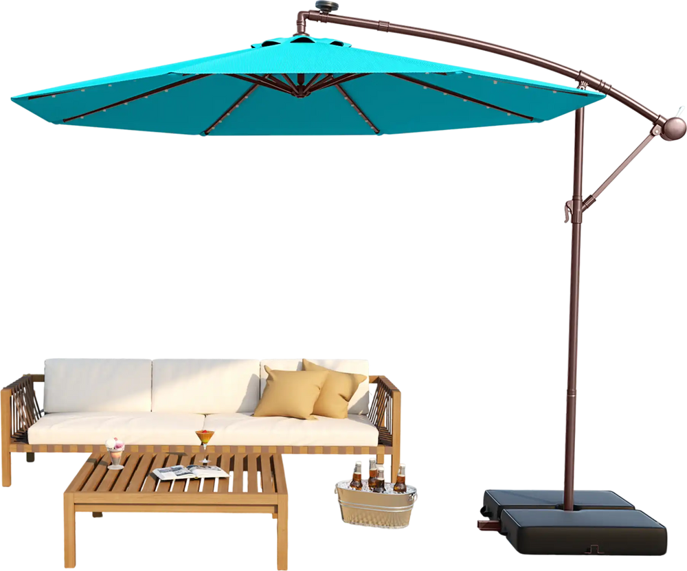 Turquoise 10 ft offset cantilever patio umbrella with solar lights, providing shade and style for outdoor relaxation.
