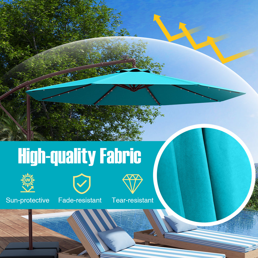 Turquoise 10 Ft offset cantilever patio umbrella with solar lights, featuring fade-resistant fabric and adjustable tilt.