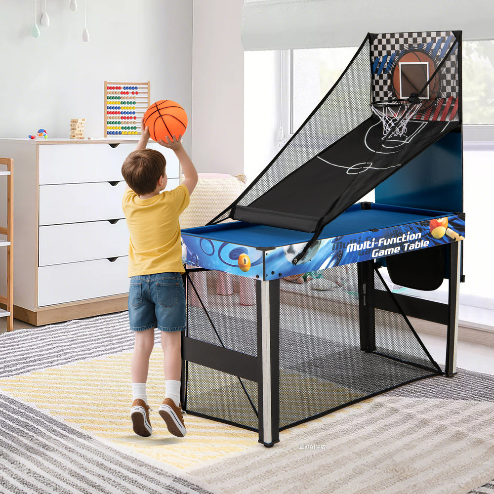 Child shooting a basketball at the 10-in-1 Combo Game Table Set, featuring a blue design and compact structure for fun.