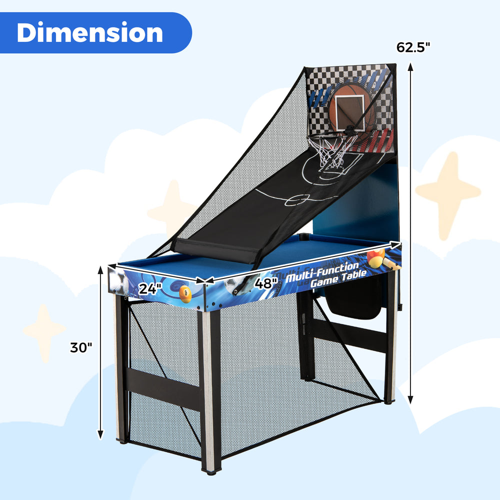 10-in-1 combo game table set with basketball hoop, measuring 62.5" x 30" x 24", perfect for family fun in limited.