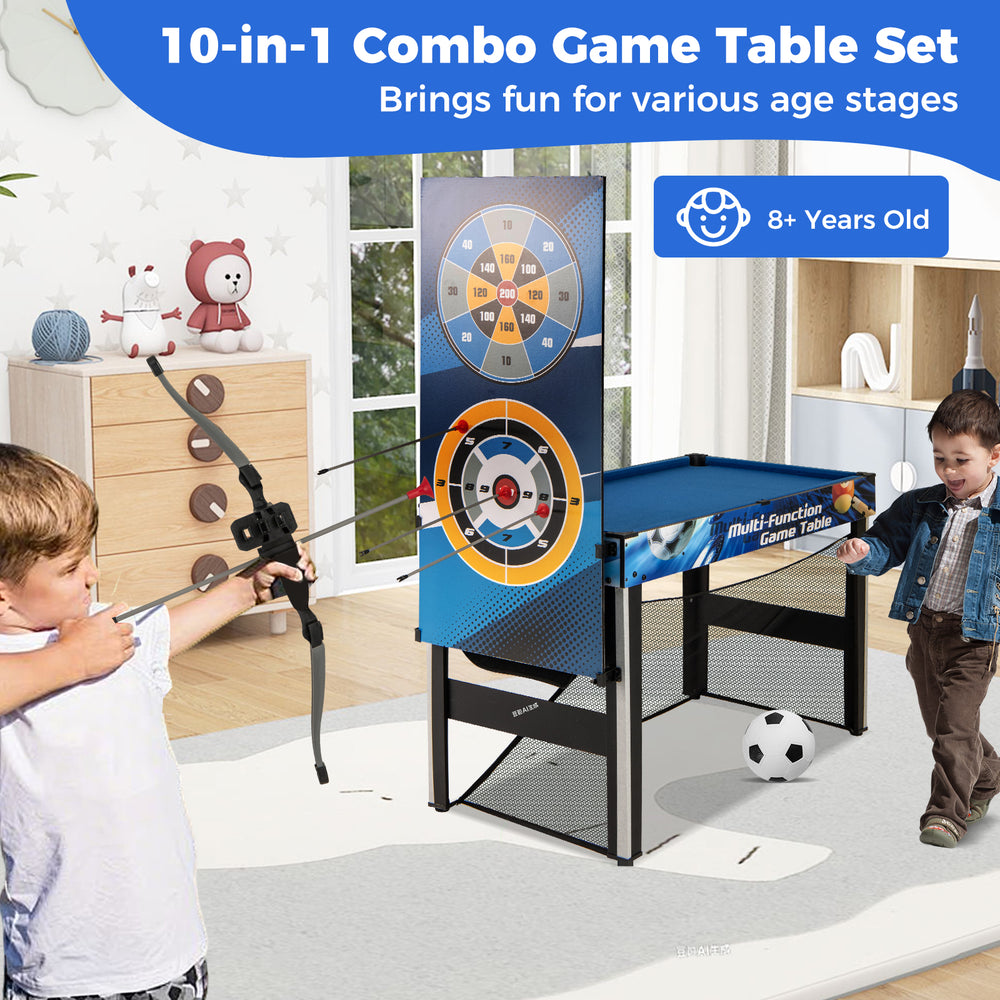 10-in-1 Combo Game Table Set in blue featuring table tennis, basketball, and soccer for family fun in compact spaces.