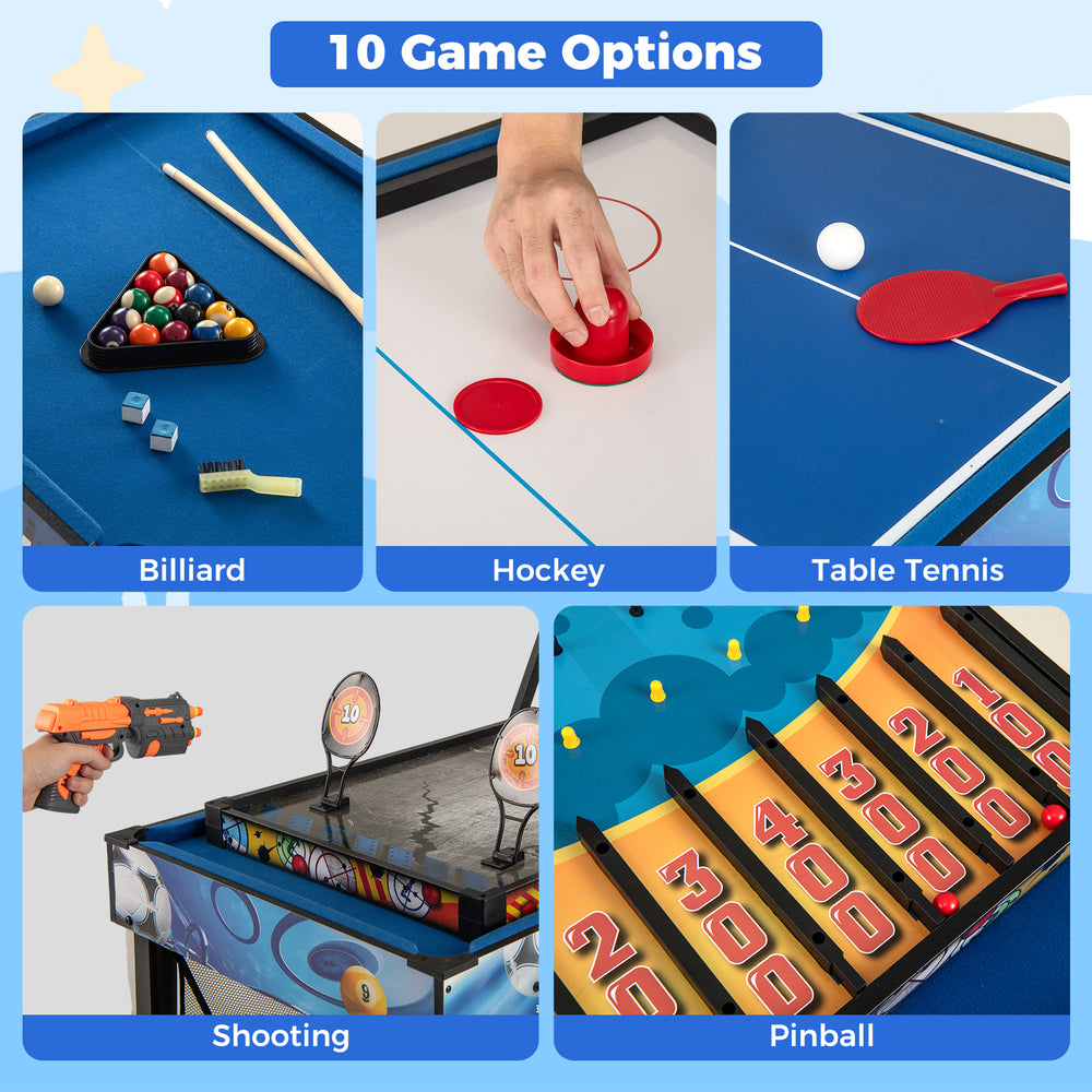 10-in-1 game table set featuring billiard, hockey, and table tennis options, ideal for family fun in compact spaces.