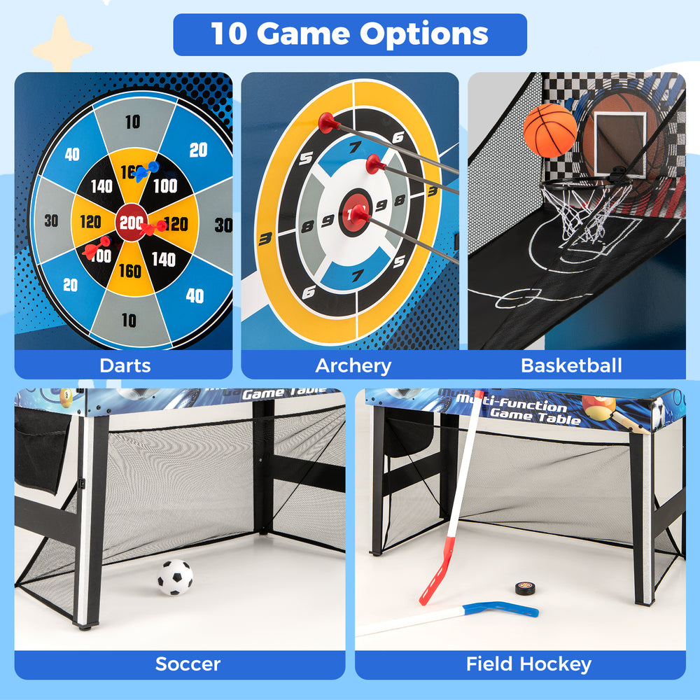 Multi-functional game table showcasing darts, basketball, soccer, and field hockey for versatile family fun.