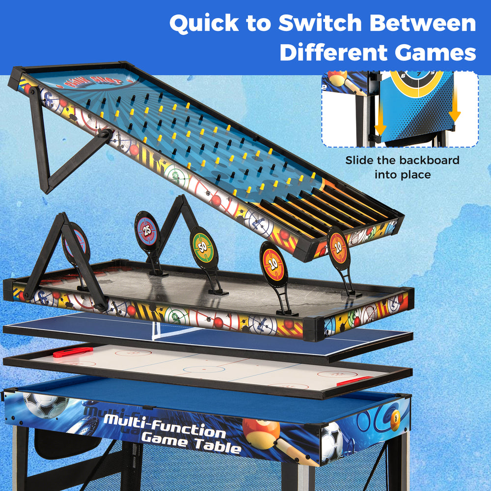 10-in-1 combo game table set in blue, featuring adjustable backboard for easy game switching, ideal for family fun.