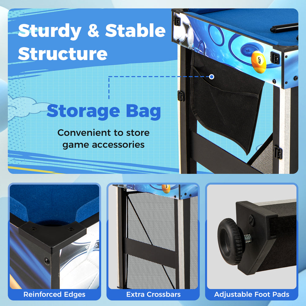 Storage bag and adjustable foot pads of the 10-in-1 Combo Game Table Set for easy game accessory storage and stability.