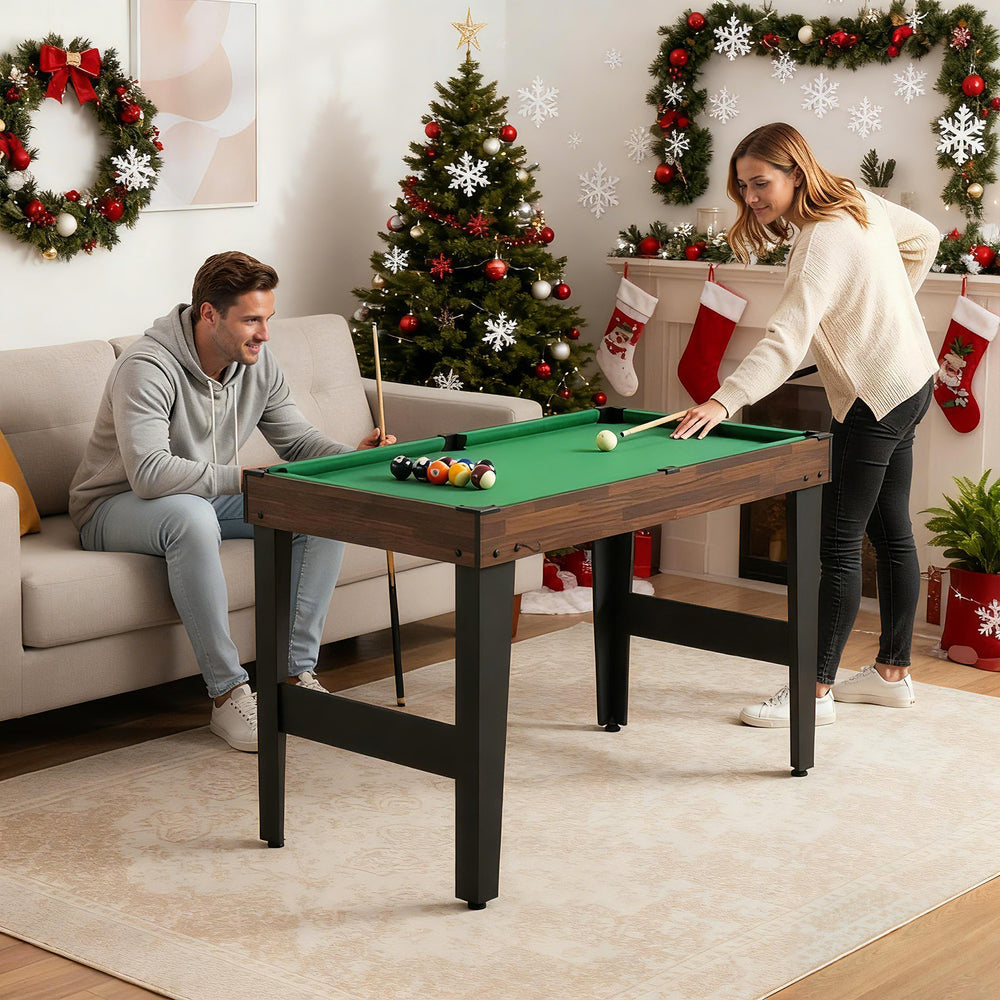 10-in-1 combo game table with foosball and billiards, perfect for family fun and compact living spaces.