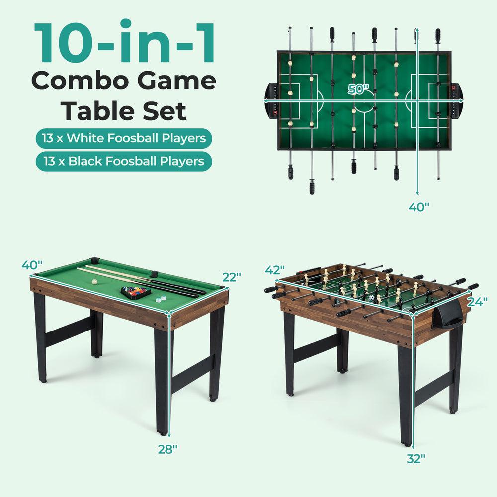 10-in-1 Combo Game Table Set featuring a foosball table with 13 black and 13 white players, ideal for family.
