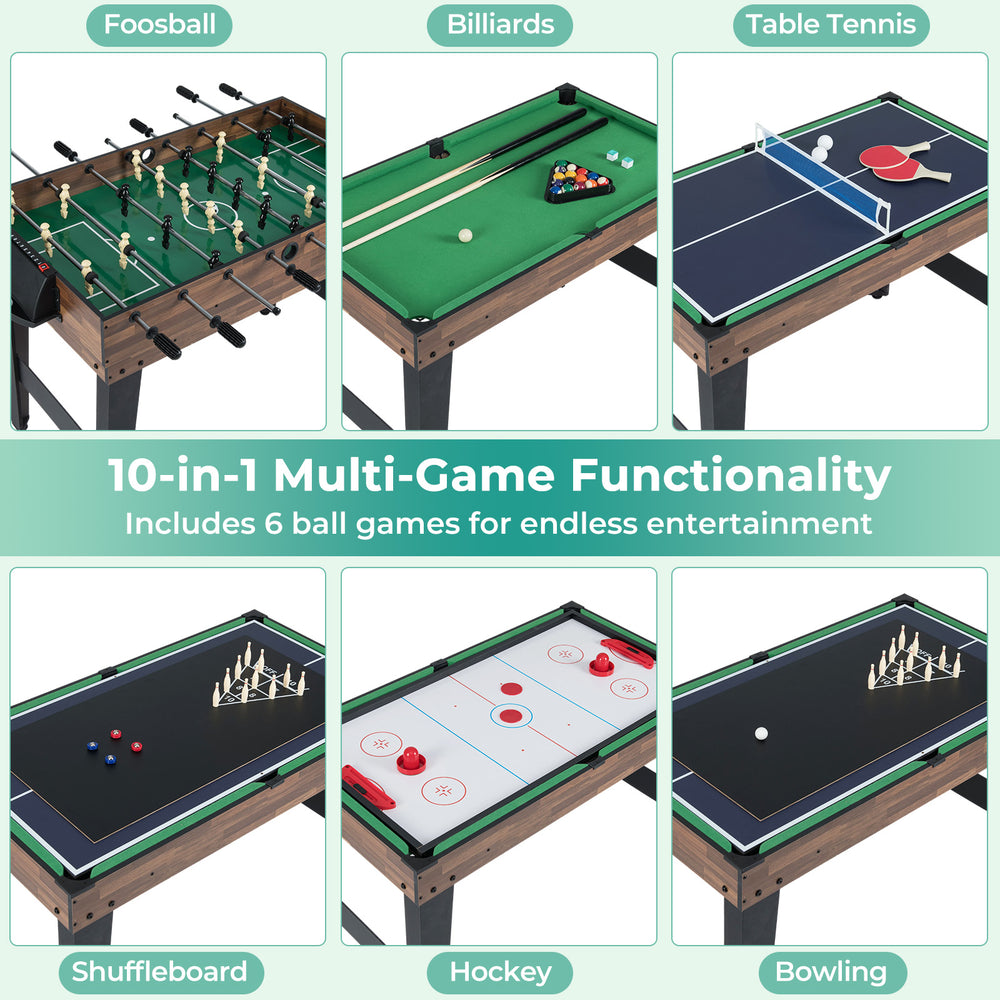 10-in-1 multi-game table set featuring foosball, billiards, and table tennis for versatile entertainment in compact.