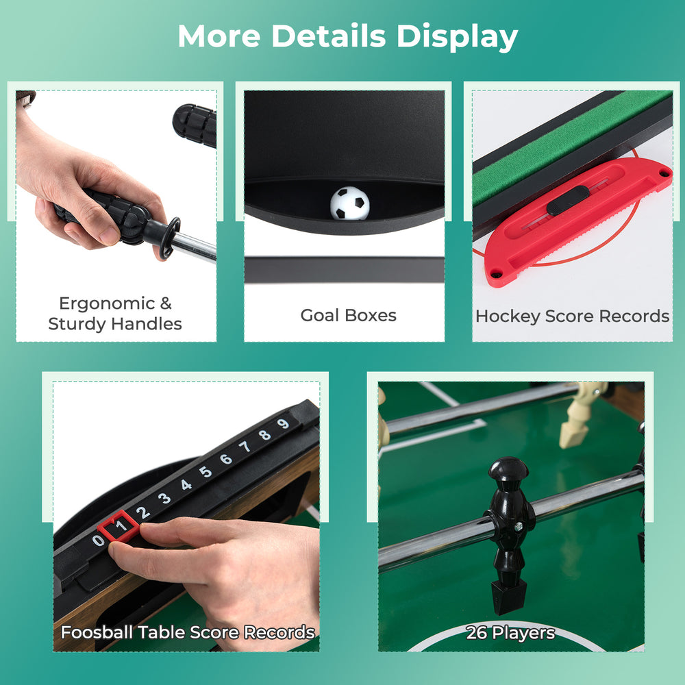 Detail view of the 10-in-1 combo game table showing ergonomic handles, goal boxes, and foosball score records.