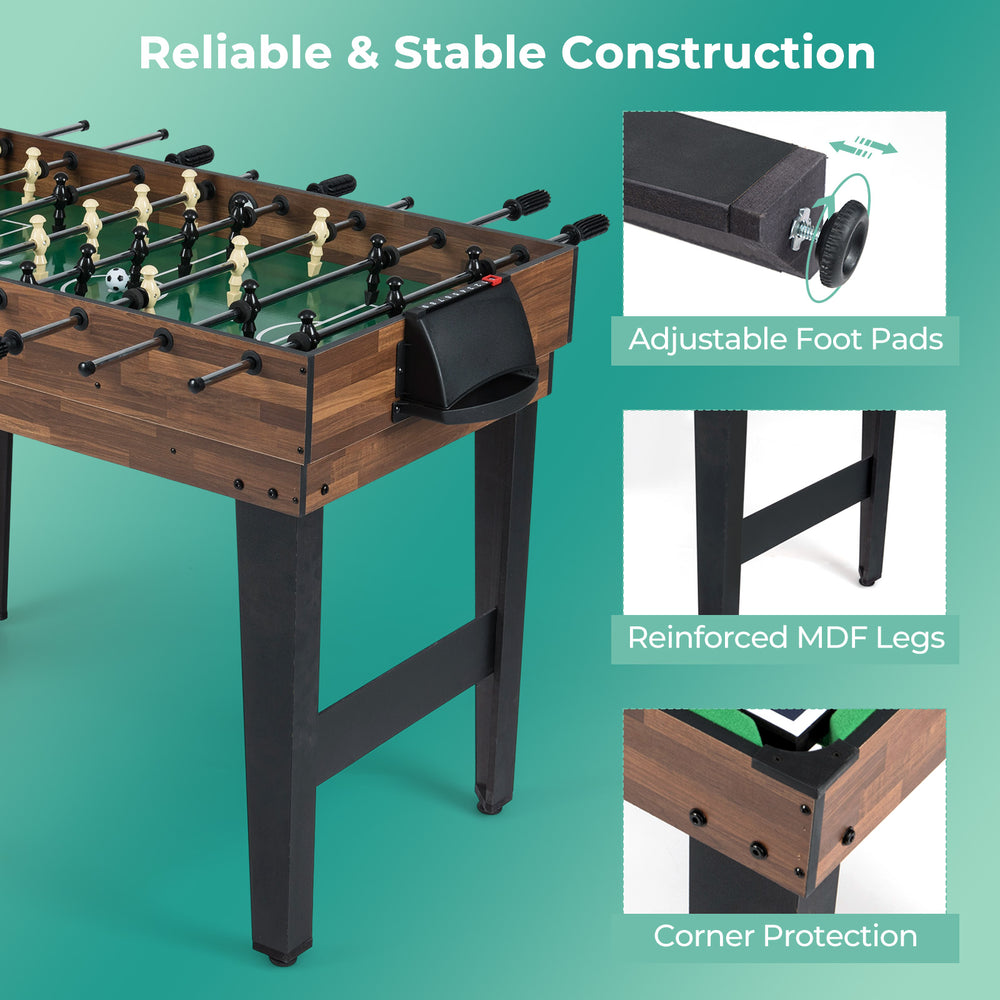 Close-up of the 10-in-1 combo game table showing adjustable foot pads and reinforced MDF legs for stability.