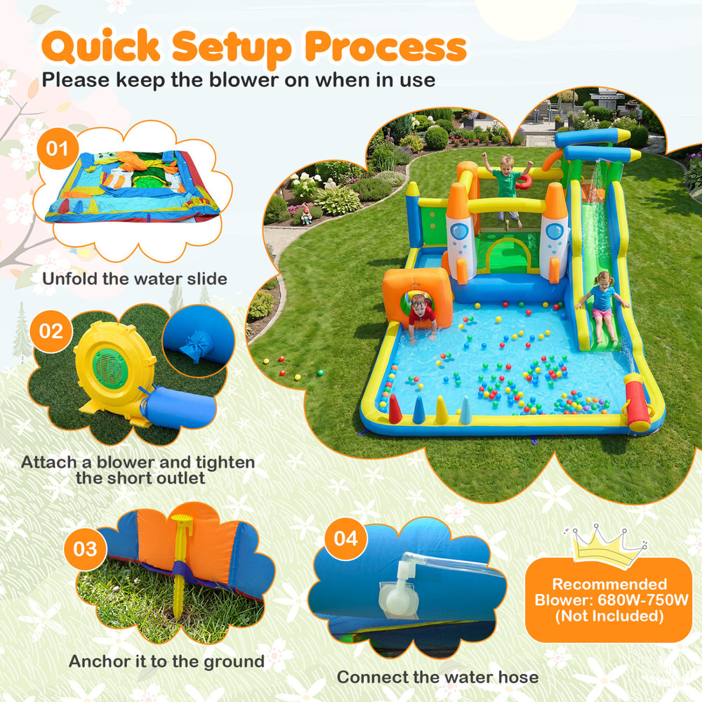 10-in-1 inflatable bounce house features a water slide, climbing wall, and splash pool for outdoor summer fun.
