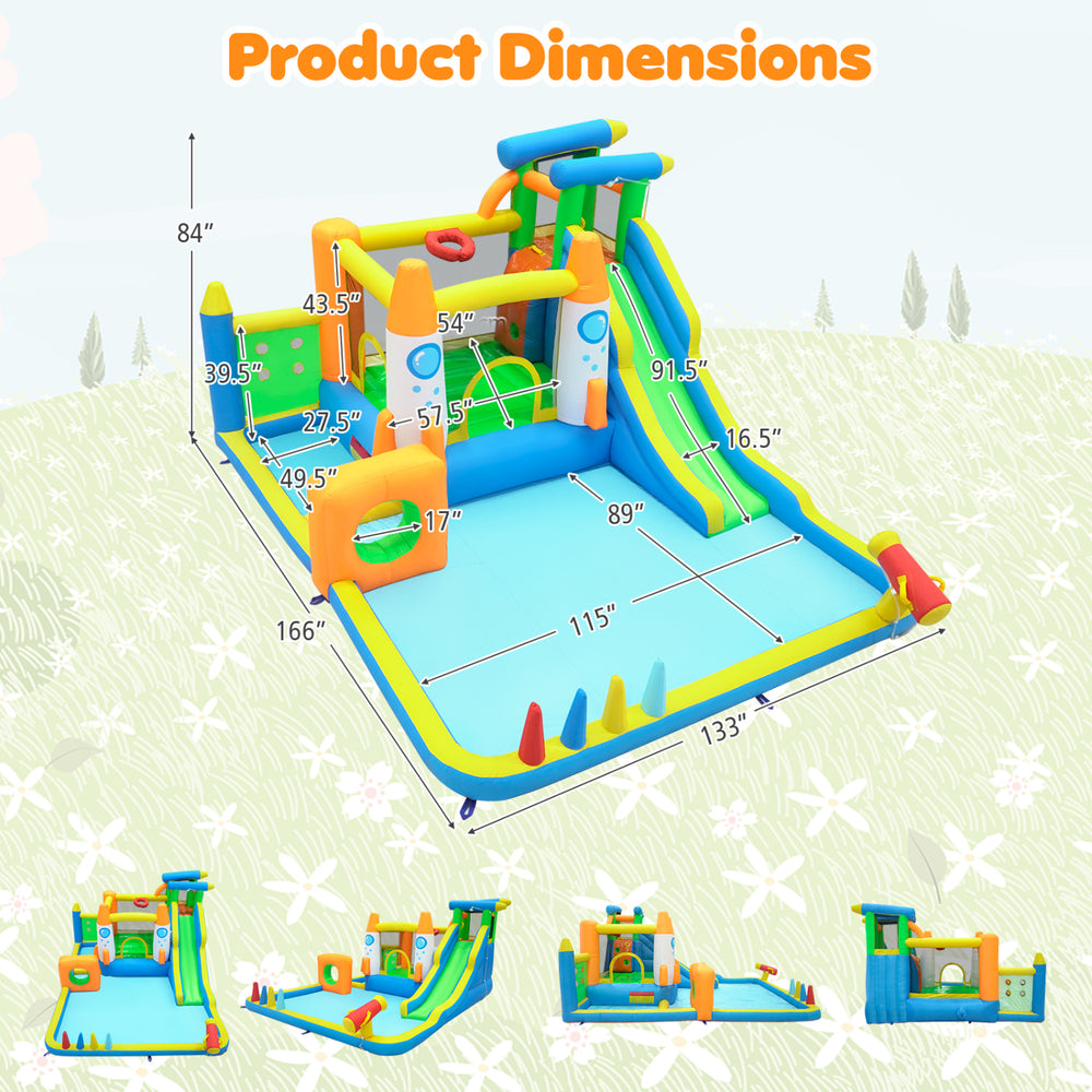 10-in-1 inflatable bounce house with water slide features a climbing wall, splash pool, and interactive games for kids.