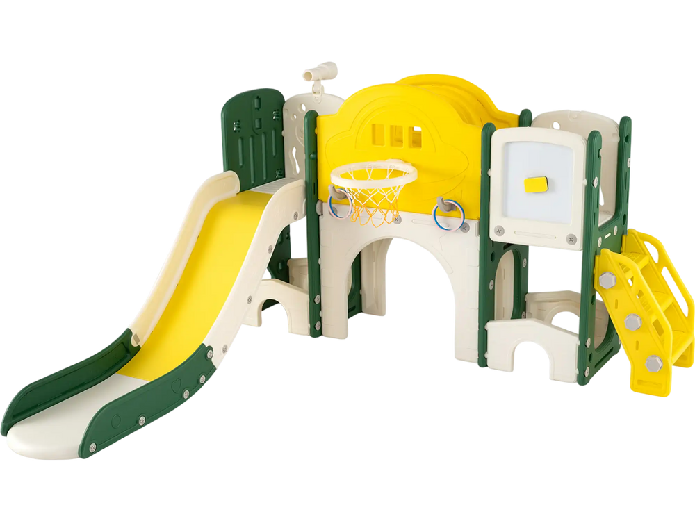 Toddler slide set with extended slide, climbing features, and basketball hoop, designed for indoor play and safety.