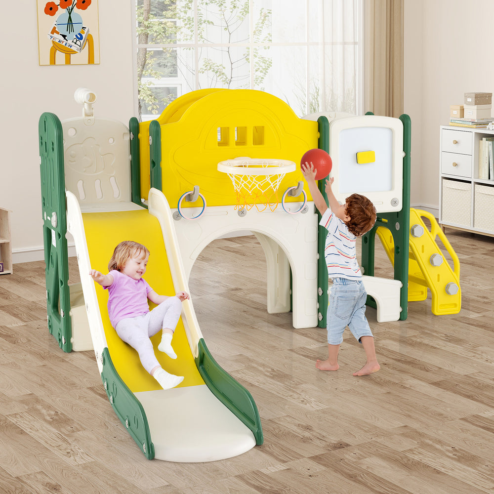 Climbing section of the 10 in 1 Toddler Slide Set, featuring safety handrails and non-slip steps for secure indoor play.