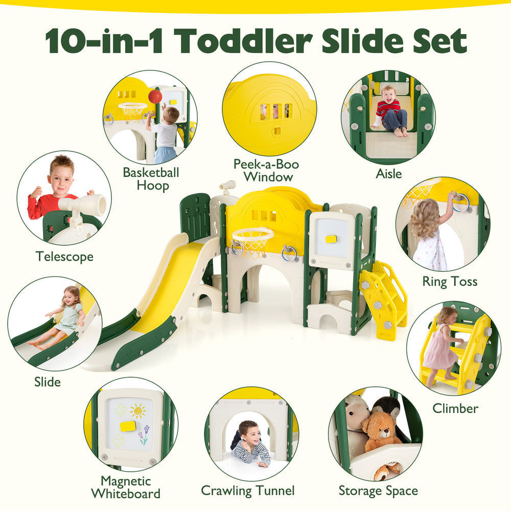 Toddler slide set in yellow featuring a slide, climbing area, basketball hoop, and magnetic whiteboard for indoor play.