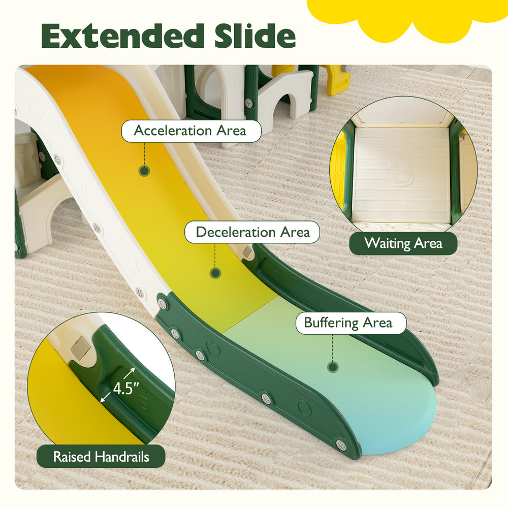 Extended slide with acceleration, deceleration, and buffering areas, featuring raised handrails for toddler safety.