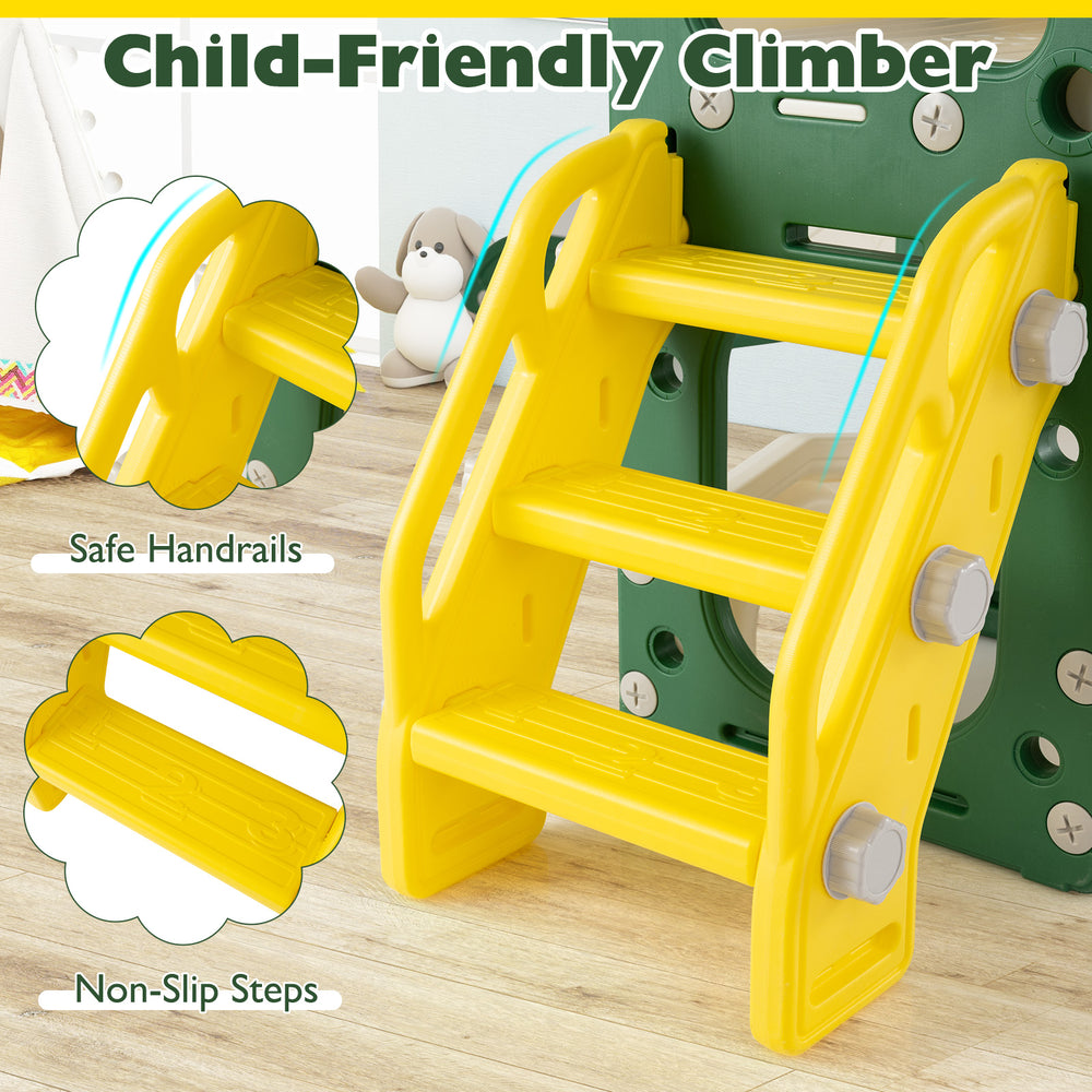 Child-friendly yellow climber with safe handrails and non-slip steps, perfect for indoor play and toddler safety.