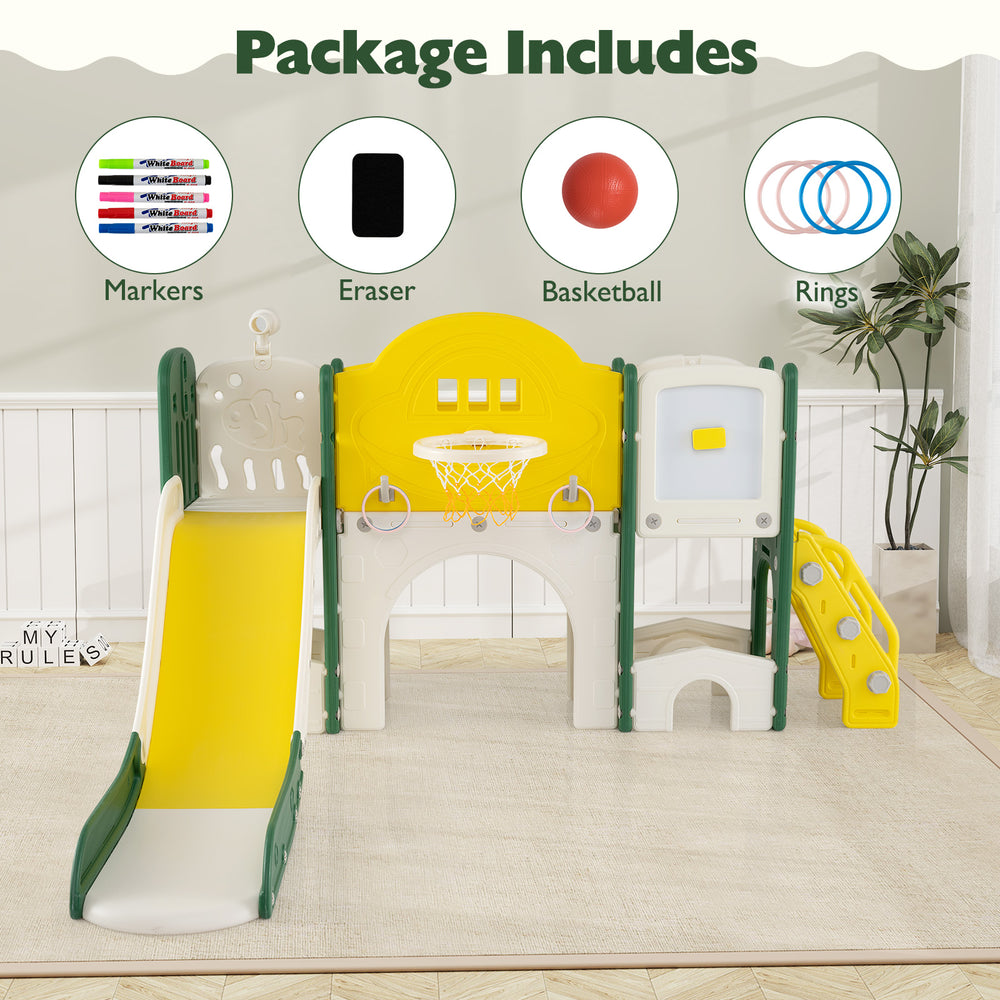 Magnetic whiteboard with markers and eraser included in the 10 in 1 Toddler Slide Set for creative indoor play.