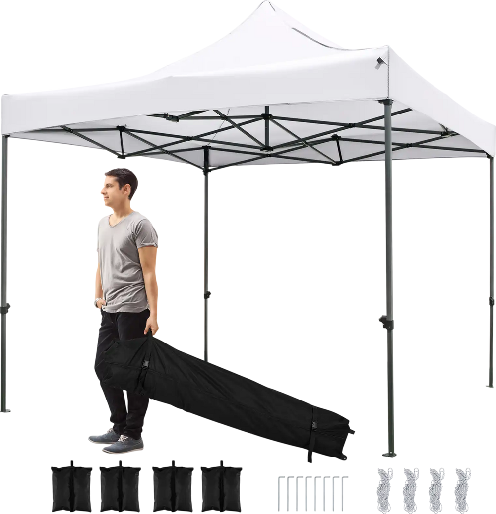Outdoor pop-up canopy tent with wheeled bag, 10 x 10 FT, white, featuring sturdy metal frame and water-resistant fabric.