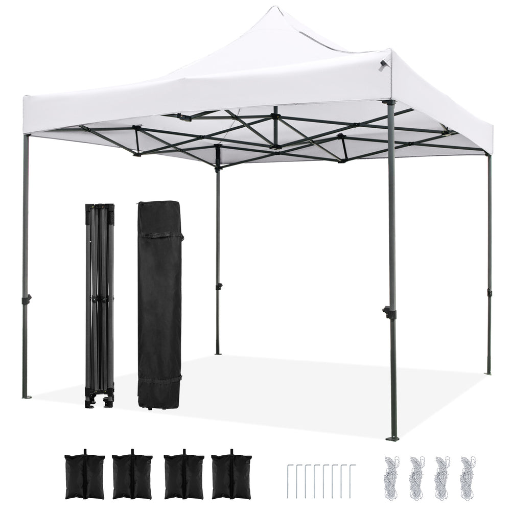 10 x 10 FT outdoor pop-up canopy tent in white with heavy-duty frame, stakes, and sandbags for stability at events.