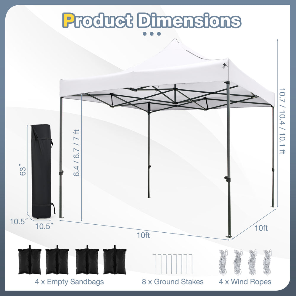10 x 10 FT white outdoor pop-up canopy tent with wheeled bag, sturdy metal frame, and adjustable height for versatile.
