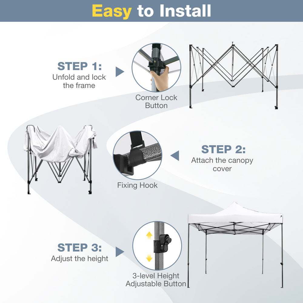 Step-by-step guide for setting up the 10 x 10 FT outdoor pop-up canopy tent with adjustable height and fixing hooks.