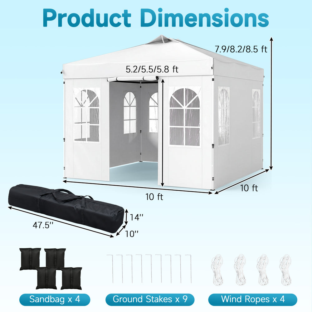 Pop up canopy tent with adjustable height, waterproof white fabric, and four sidewalls for versatile outdoor use.