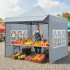 Pop-up canopy tent with sidewalls and awning, ideal for outdoor events, featuring a sturdy gray design and transparent.