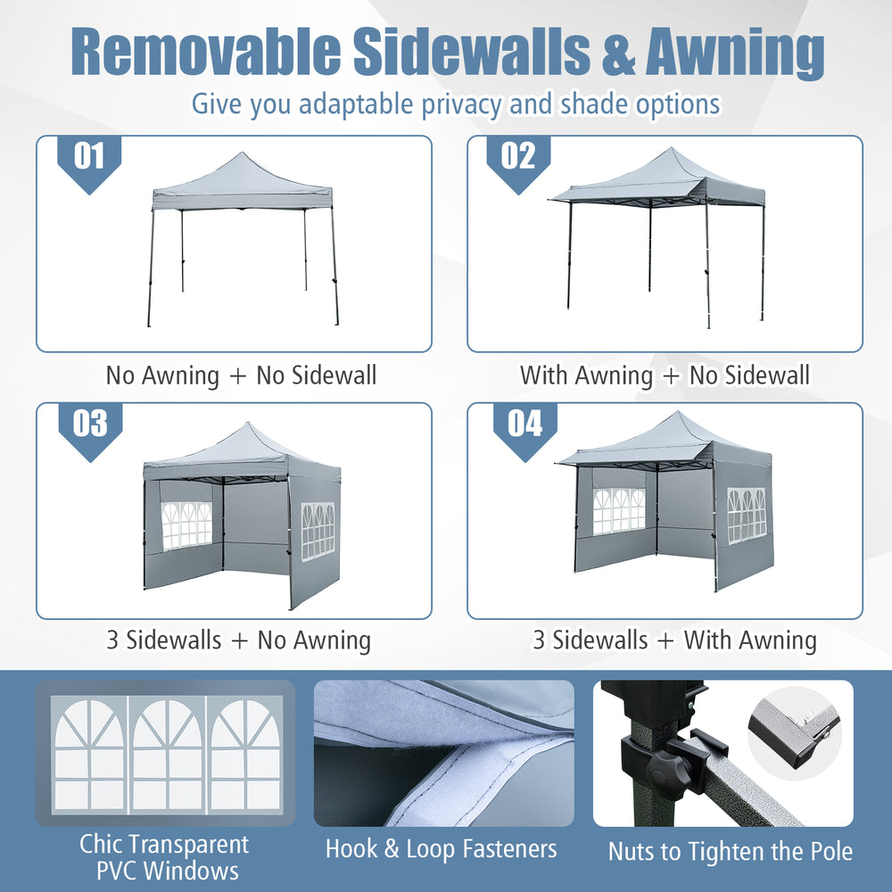 Pop-up canopy tent with detachable sidewalls and awning, gray 420D oxford fabric, ideal for parties and picnics.