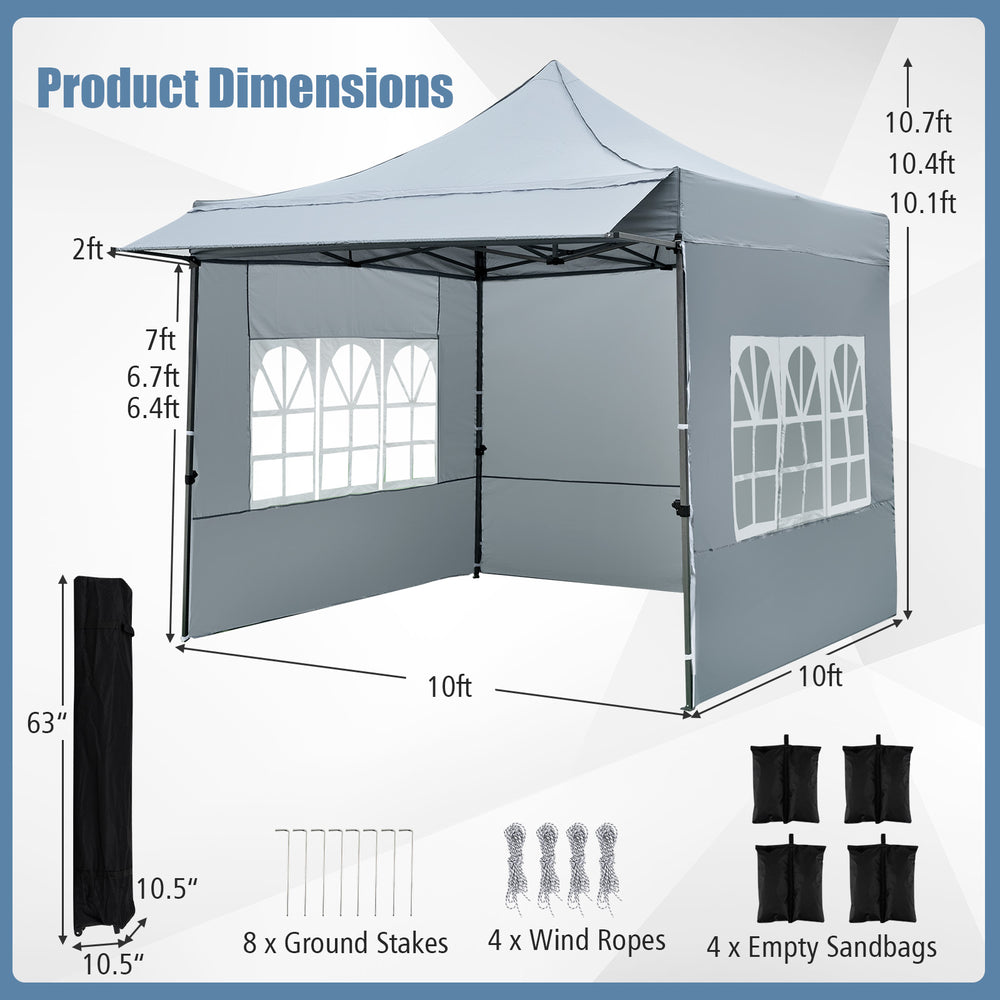 10 x 10 FT gray pop-up canopy tent with detachable sidewalls and awning, ideal for parties and picnics.