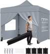 Pop-up canopy tent with gray fabric, 4 removable sidewalls, and wheeled bag, ideal for outdoor events and protection.